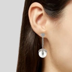 White Round 14.5 mm Pearl Mikimoto Style Drop Diamond Earrings White Gold